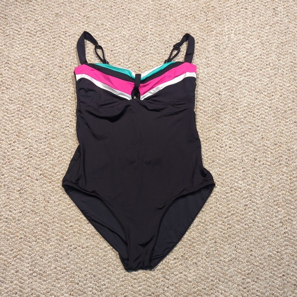 Trina Turk One Piece Swimsuit Swimwear 8 Black Cutout Keyhole Tie Back Bow